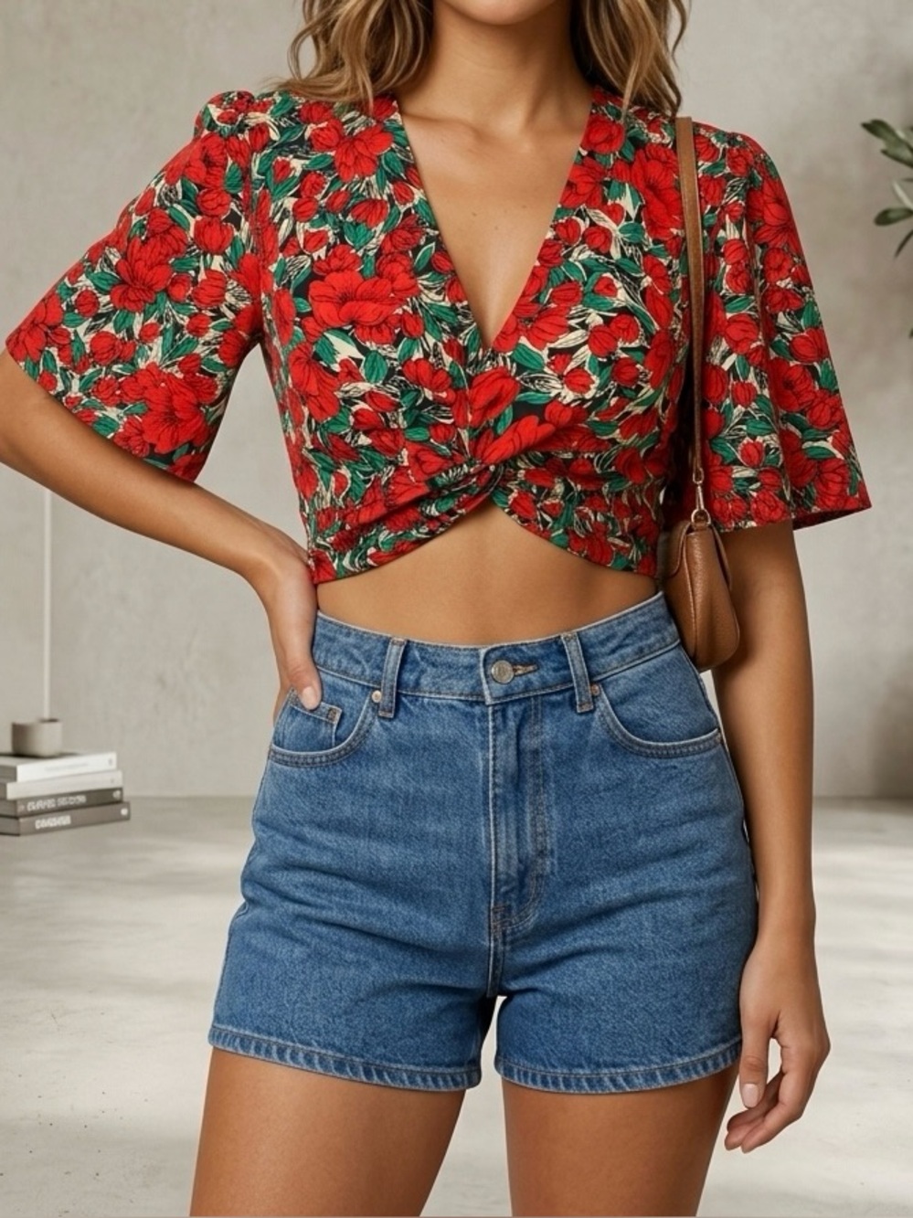 Brasillian Doll Boutique Floral Twist Front Crop Top Bell Sleeve Size Sm